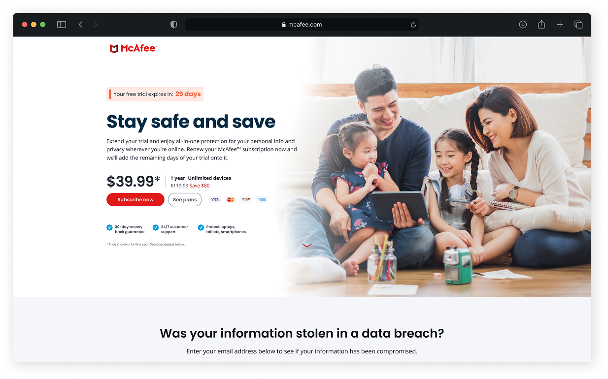 McAfee landing page